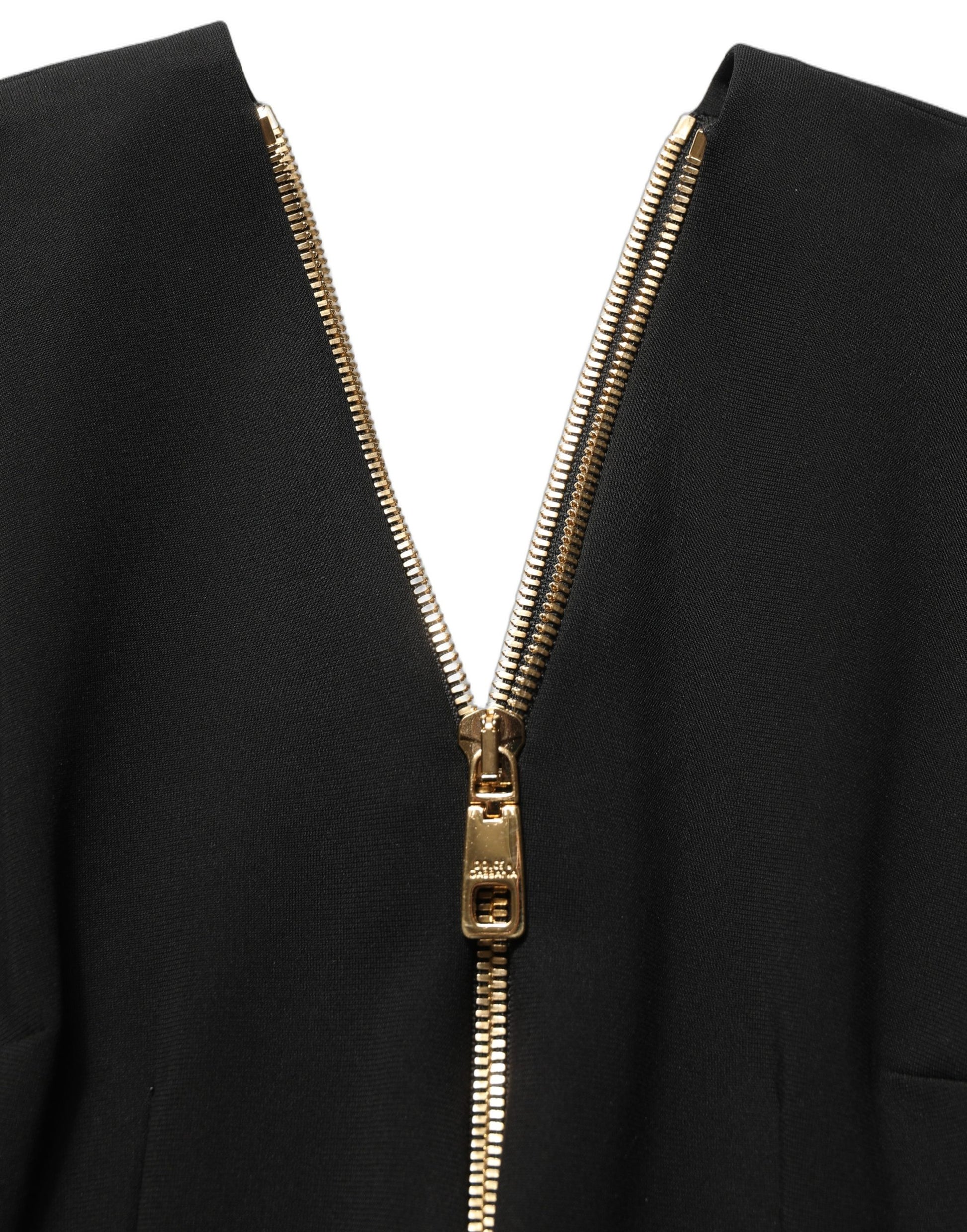 Black Long Sleeves Front Zipper Midi Dress