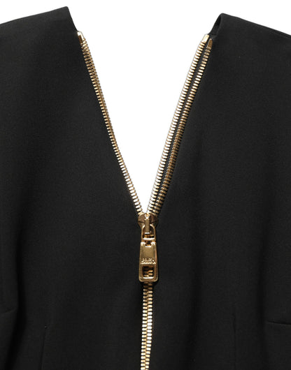 Black Long Sleeves Front Zipper Midi Dress