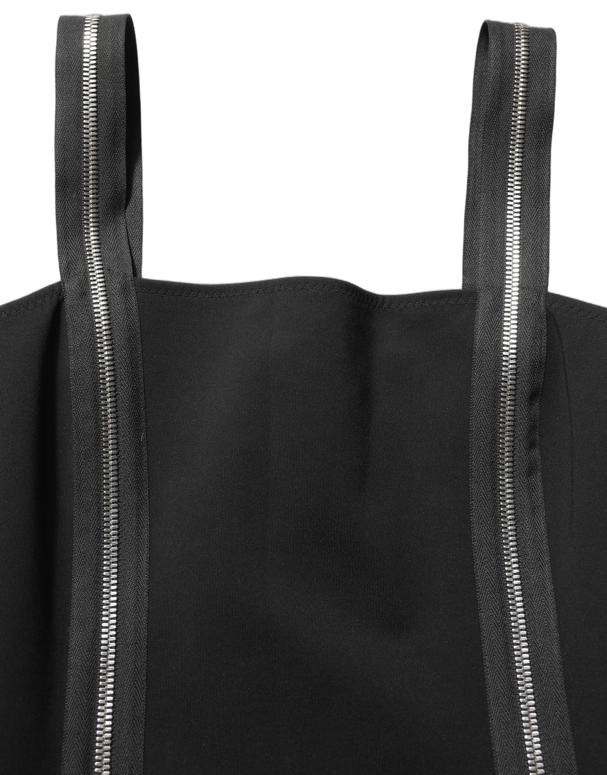 Black Sleeveless Front Zipper Midi Dress