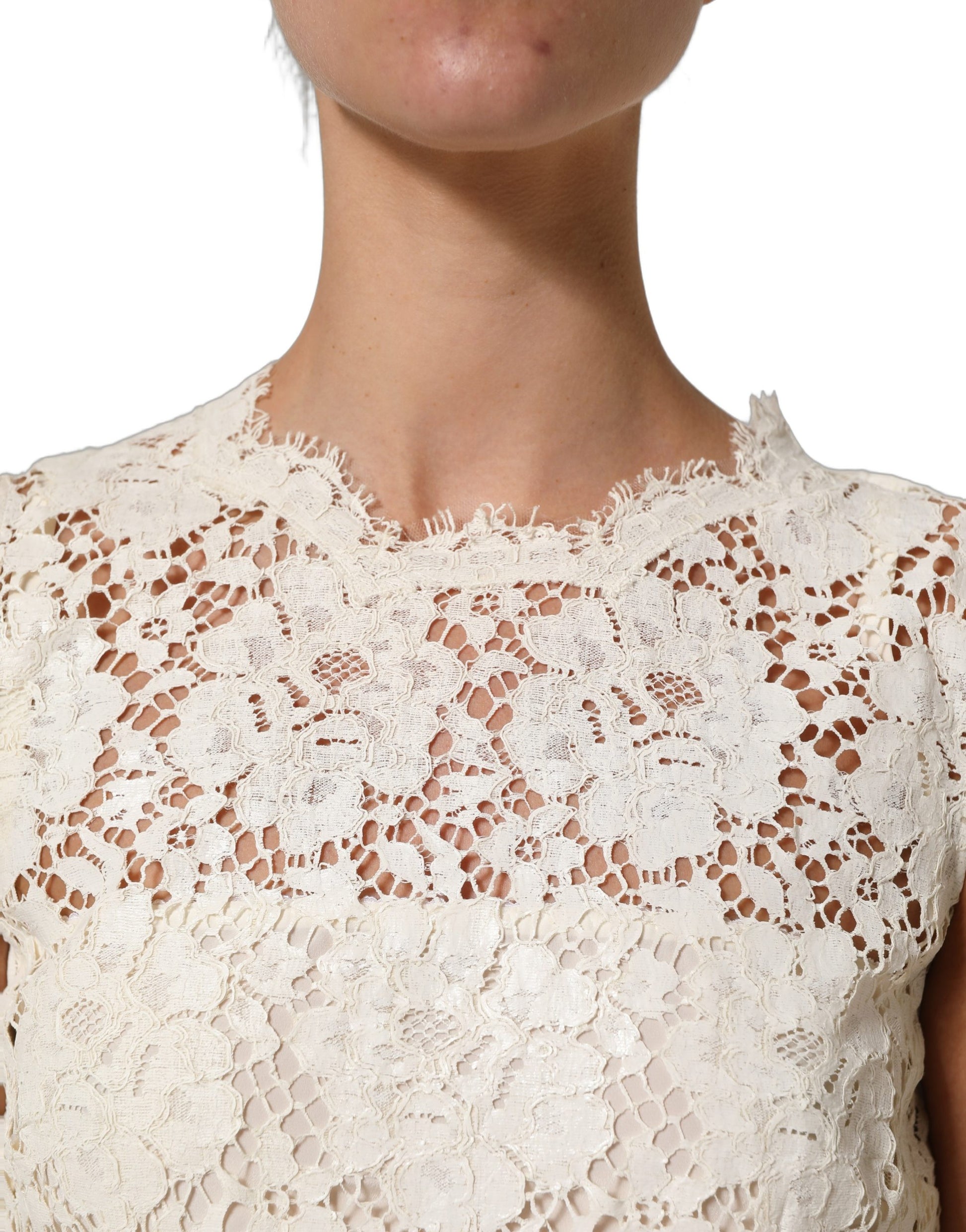 White Cotton Corded Lace Sleeveless Midi Dress
