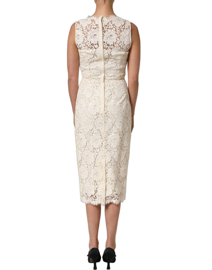 White Cotton Corded Lace Sleeveless Midi Dress