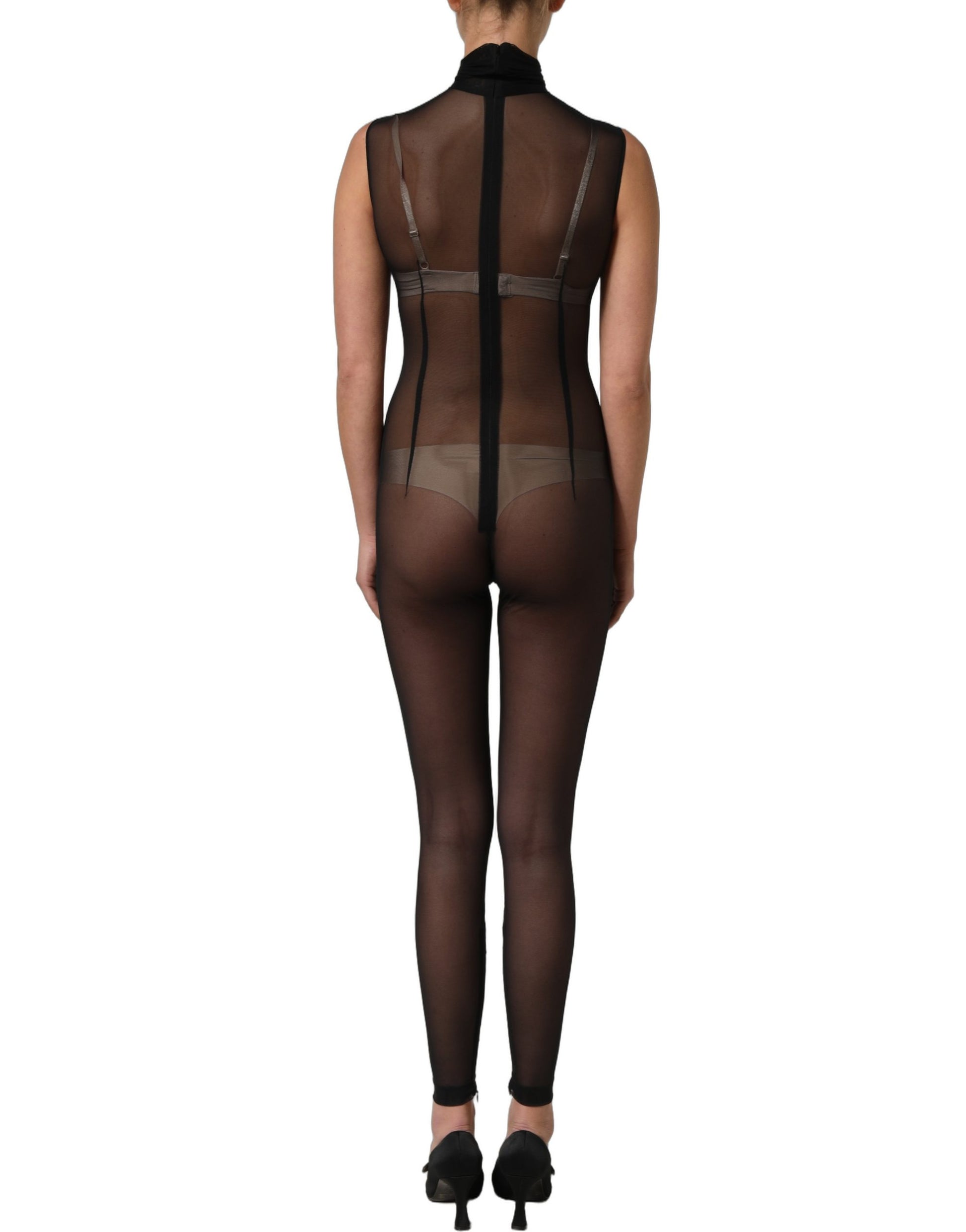 Black Sheer Mesh Jumpsuit Turtleneck Dress