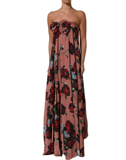 Dusty Pink Silk Floral Strapless Maxi Dress