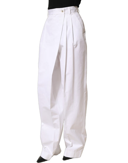 White Cotton High Waist Pleated Wide Leg Pants