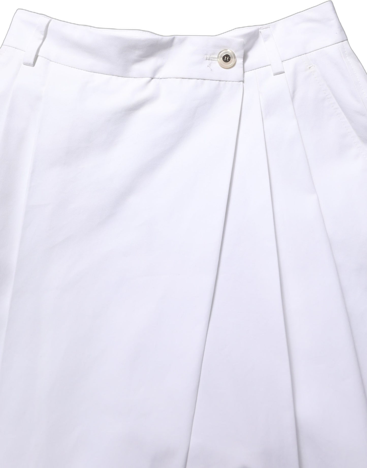White Cotton High Waist Pleated Wide Leg Pants