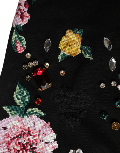 Black Floral Cotton High Waist Tapered Pants