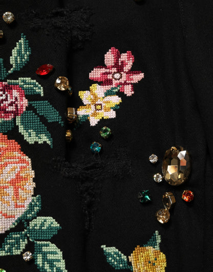 Black Floral Cotton High Waist Tapered Pants