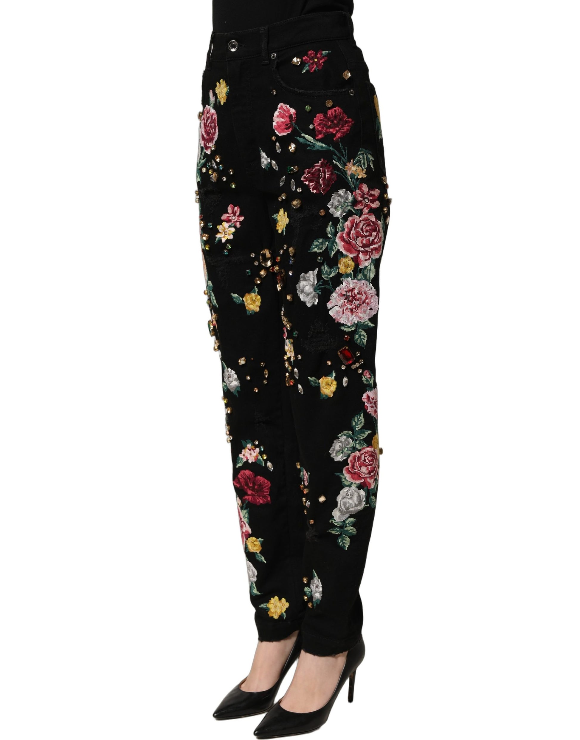 Black Floral Cotton High Waist Tapered Pants
