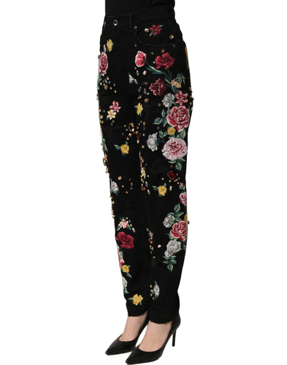 Black Floral Cotton High Waist Tapered Pants