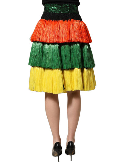 Multicolor Fringe Sequin High Waist Knee Length Skirt