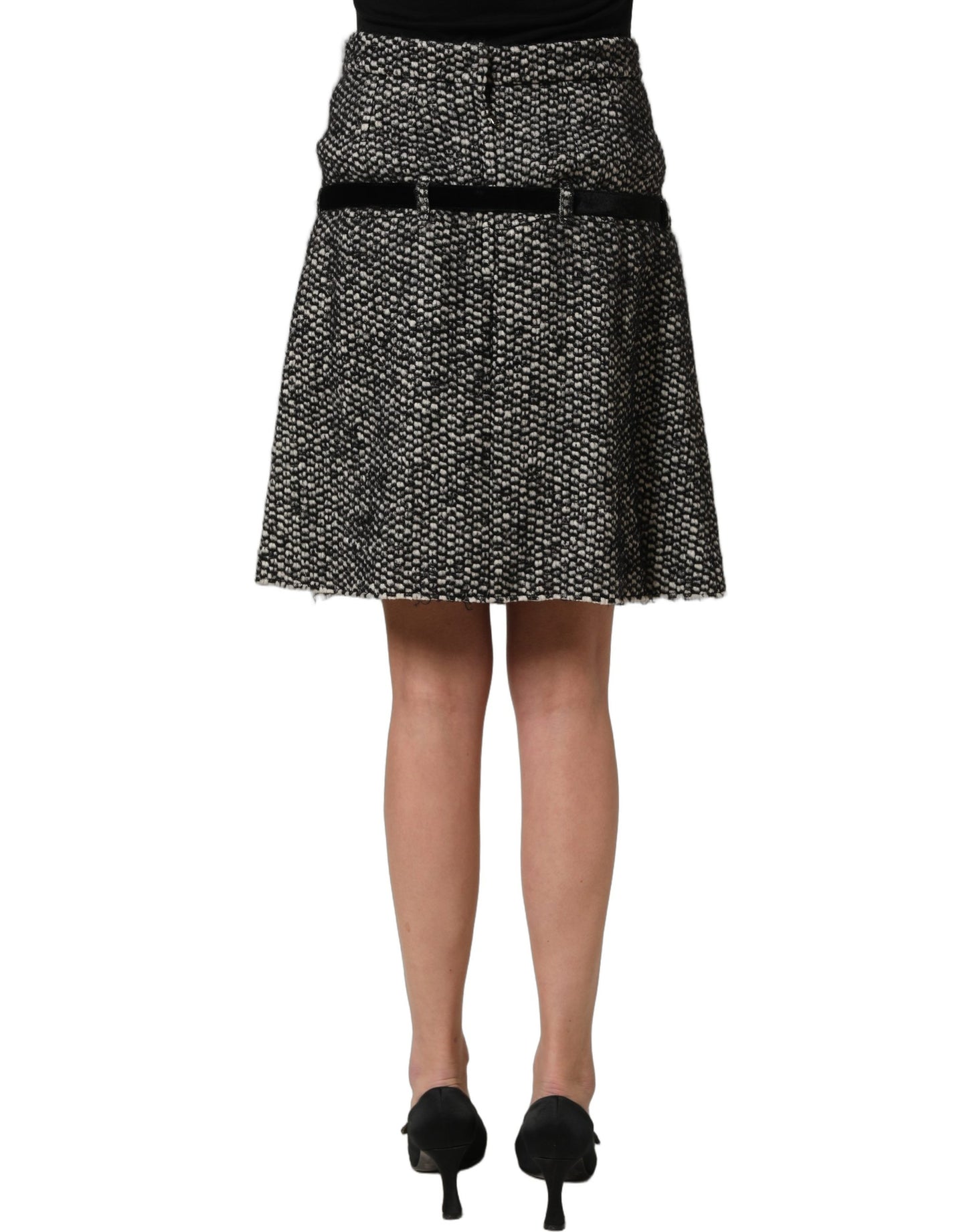 Black White Tweed High Waist Pleated Skirt
