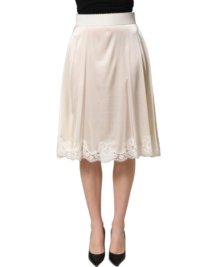 Off White Lace Trimmed Satin High Waist Skirt