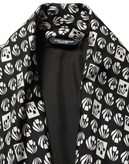 Black White Silk Men Wrap Robe Coat Jacket