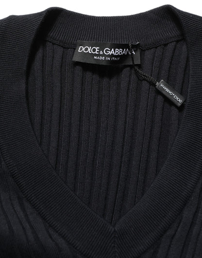 Black Silk Blend V-neck Pullover Men Sweater