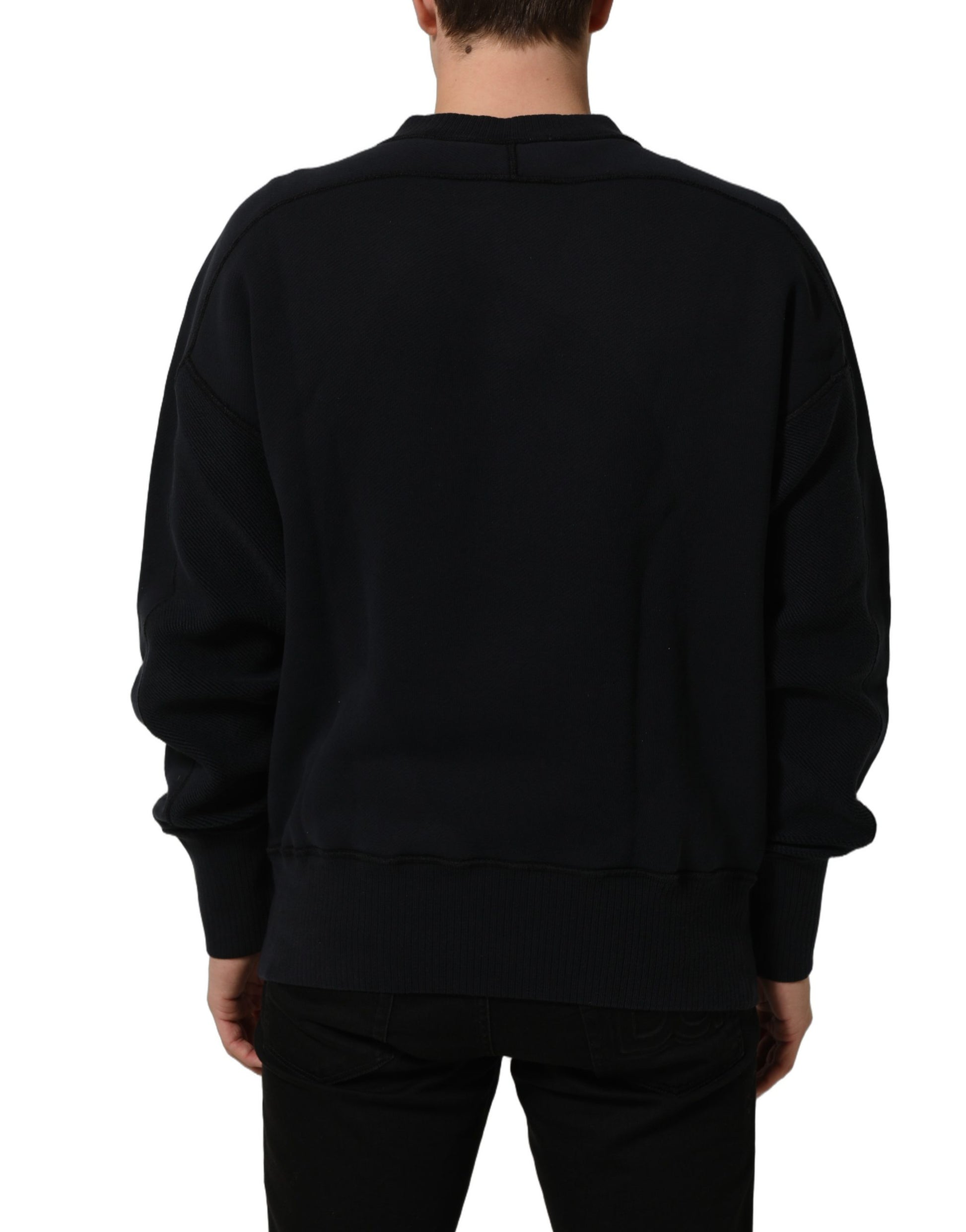 Black Logo Plaque Cotton Crew Neck Pullover Sweater