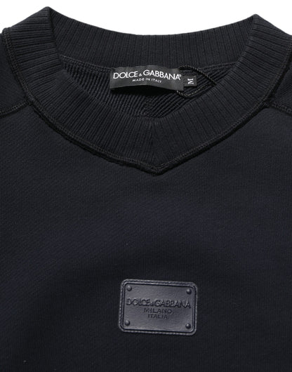 Black Logo Plaque Cotton Crew Neck Pullover Sweater