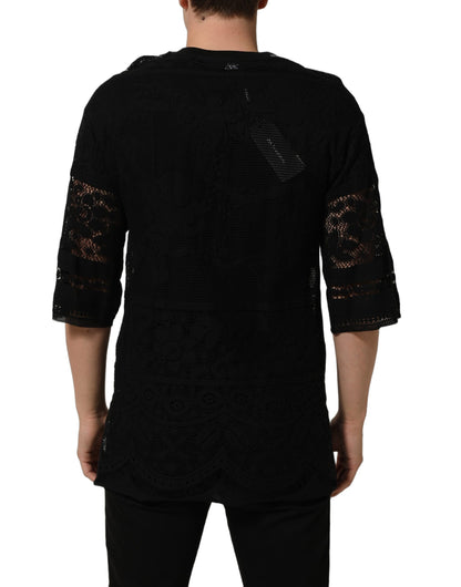 Black Cotton Floral Lace Crew Neck T-shirt
