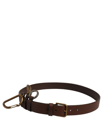 Men Brown Leather Gold Buckle Carabine Belt