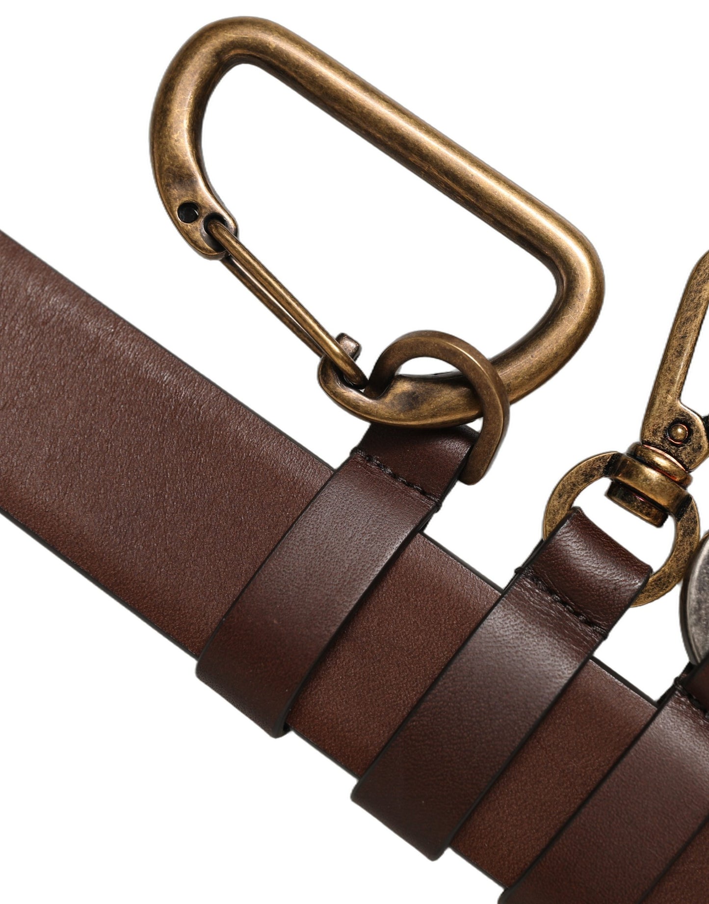Men Brown Leather Gold Buckle Carabine Belt