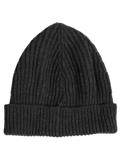 Men Charcoal Grey Ribbed Wool Knit Beanie One Size Hat