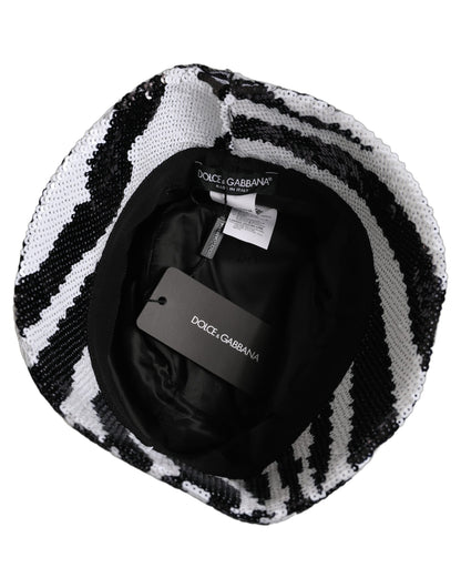 Men Black White Zebra Sequin Bucket Cap Hat
