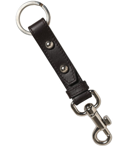 Black Plain Leather Silver Brass Keyring Holder Keychain