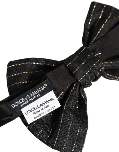 Men Black Pinstripe Silk Adjustable Neck Papillon Bow Tie