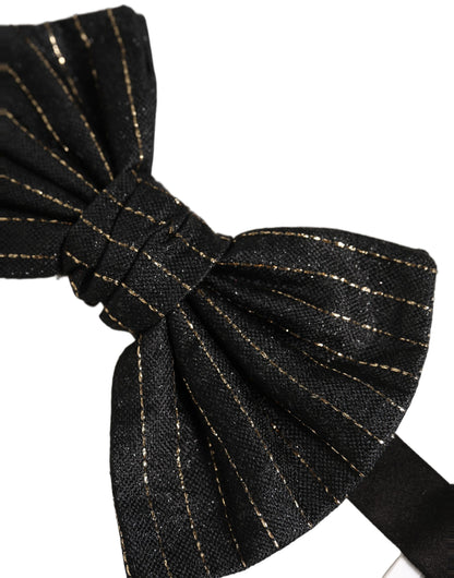 Men Black Pinstripe Silk Adjustable Neck Papillon Bow Tie