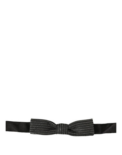 Men Black Silver Ribbed Adjustable Neck Papillon  Bow Tie