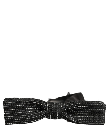 Men Black Silver Ribbed Adjustable Neck Papillon  Bow Tie