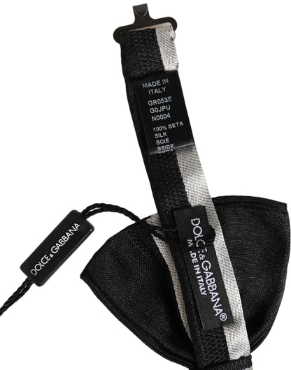 Black Silver 100% Silk Adjustable Neck Papillon Bow Tie