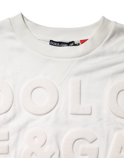 White Embossed Logo Cotton Crew Neck Sweater