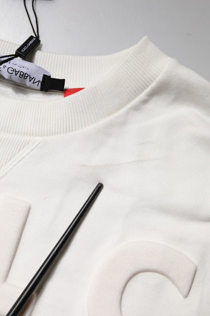 White Embossed Logo Cotton Crew Neck Sweater