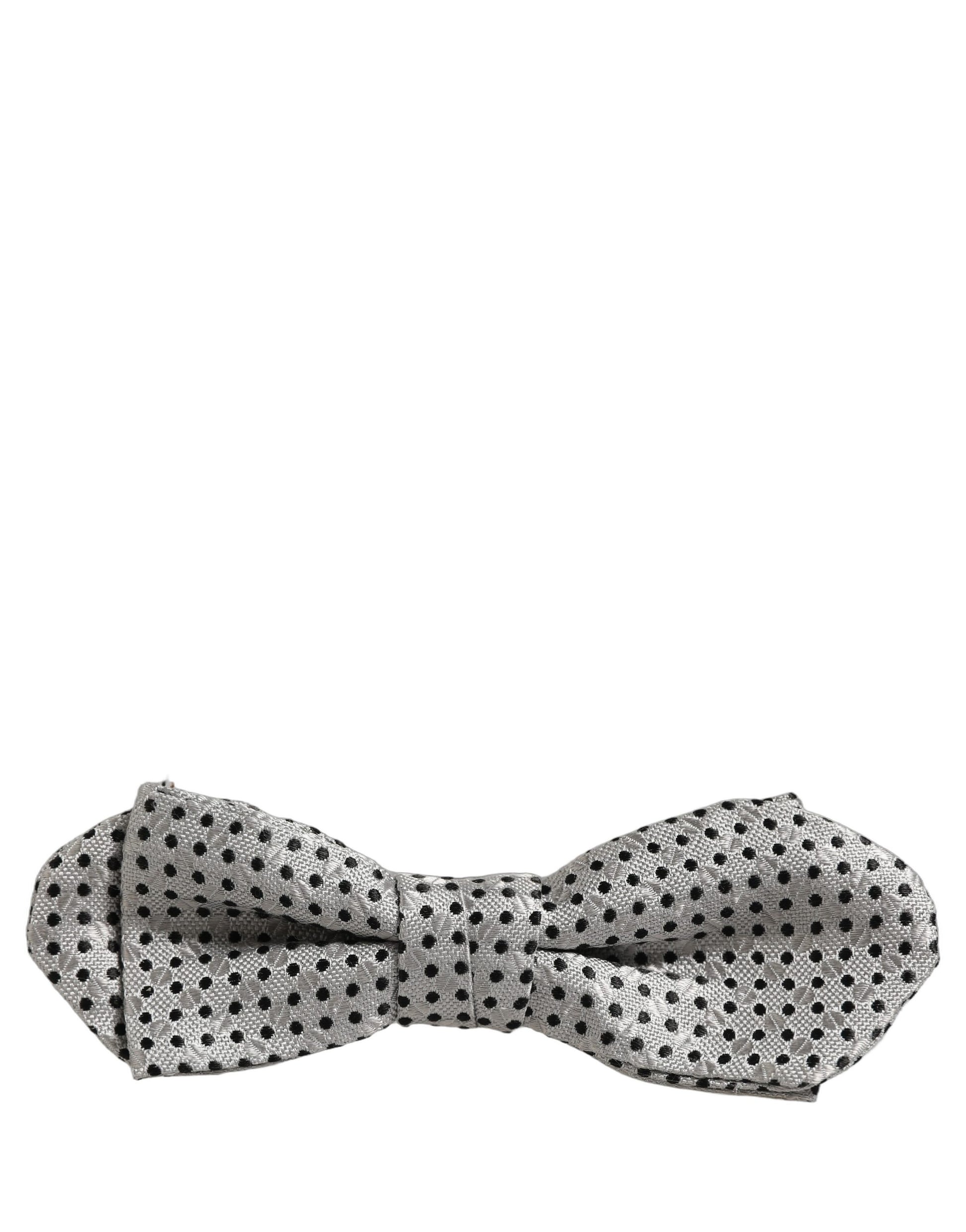 Men Silver Black Polka Dot Adjustable Neck Papillon Bow Tie