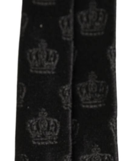 Men Black Crown Print Silk Adjustable Tied Necktie Tie