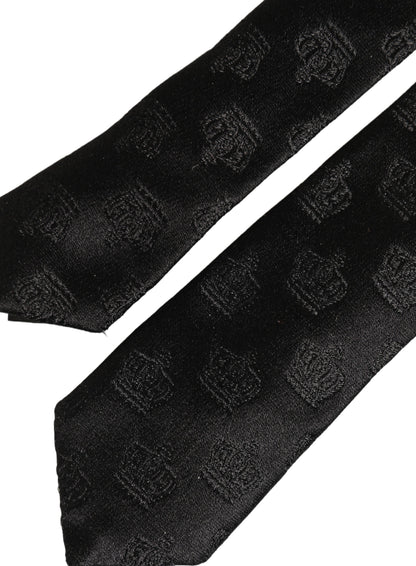 Men Black Crown Print Silk Adjustable Tied Necktie Tie