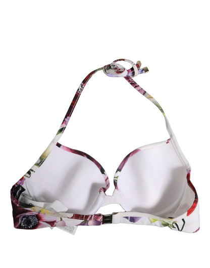 White Floral Print Nylon Beachwear Bikini Top