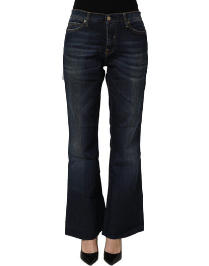 Dark Blue Washed Mid-Waisted Flared Denim Casual Jeans