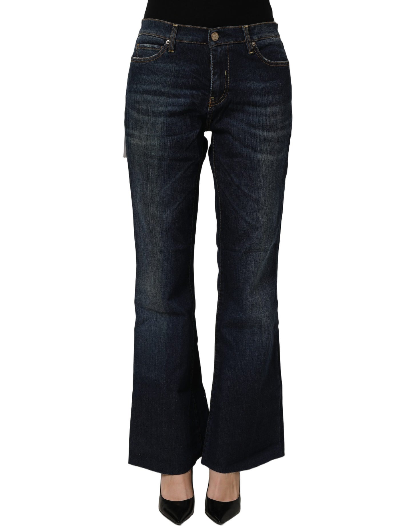 Dark Blue Washed Mid-Waisted Flared Denim Casual Jeans