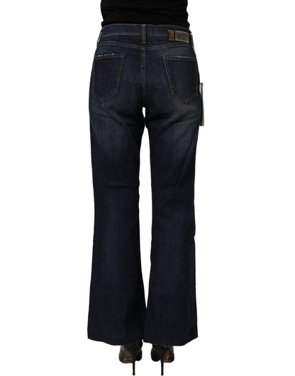 Dark Blue Washed Mid-Waisted Flared Denim Casual Jeans