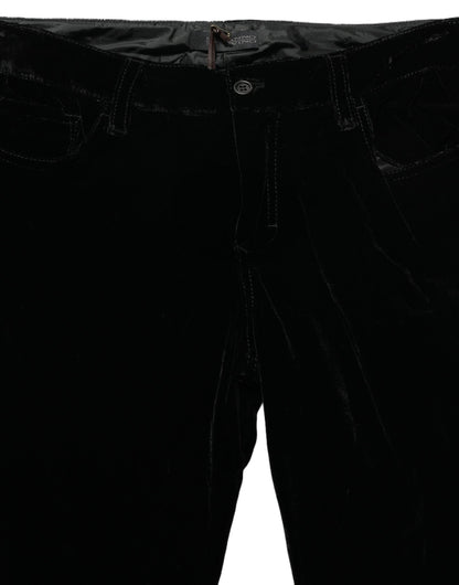 Black Viscose Blend Velvet Slim Fit Pants