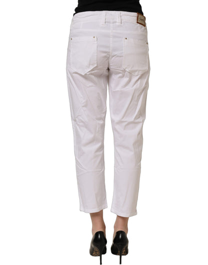 White Mid Waist Straight Cropped Cotton Trouser Pants