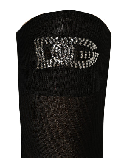 Black DG Logo Rhinestones Stretch Thigh High Socks