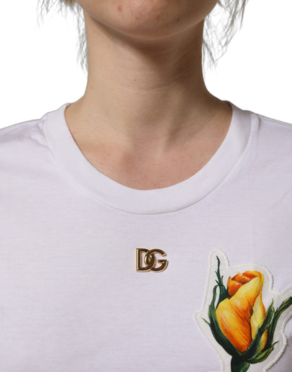 White Cotton Rose Patch Crew Neck T-shirt