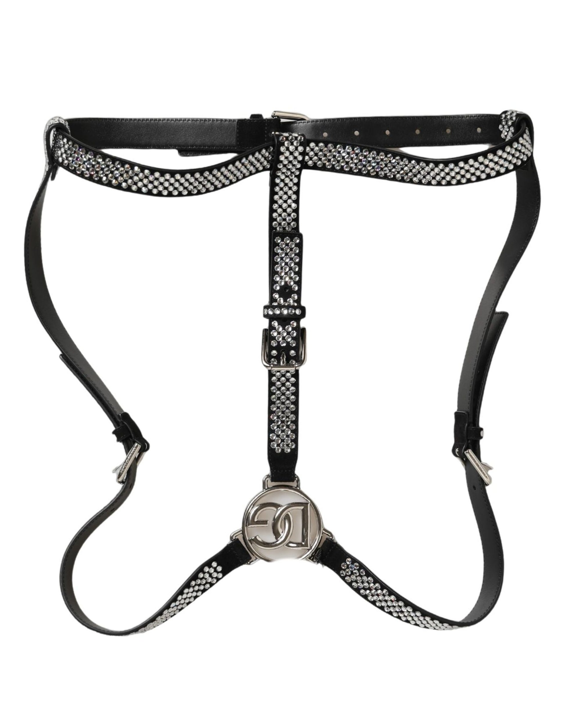 Black Leather Rhinestones Embellished Men Suspender