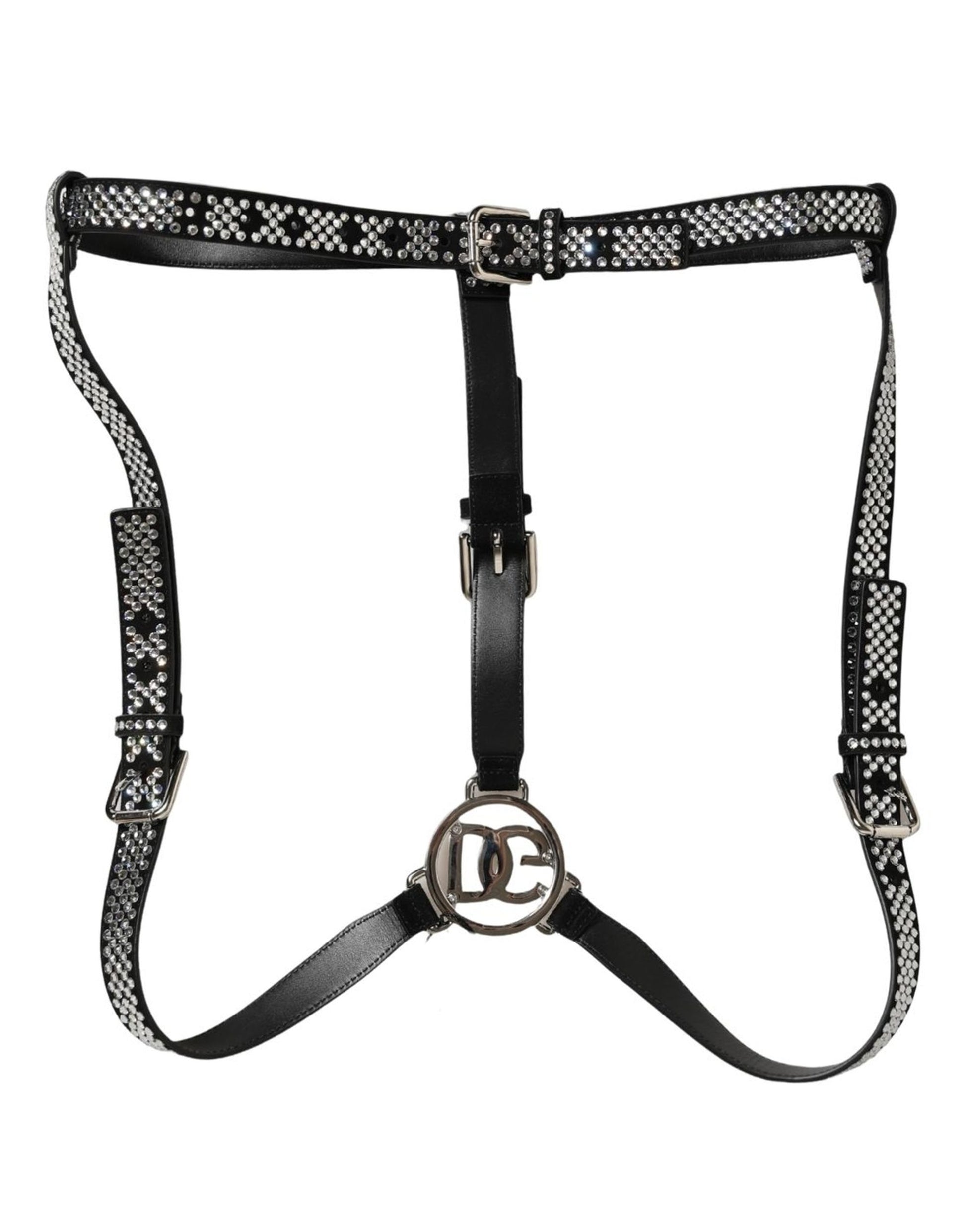 Black Leather Rhinestones Embellished Men Suspender