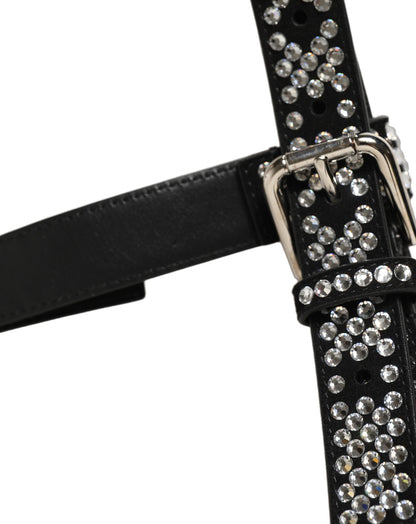 Black Leather Rhinestones Embellished Men Suspender