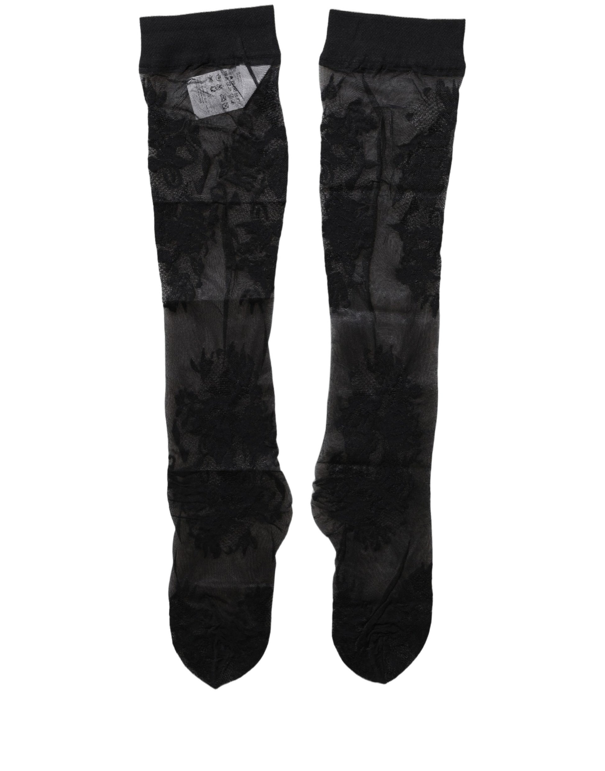 Black Floral Nylon Stretch Over The Calf Socks