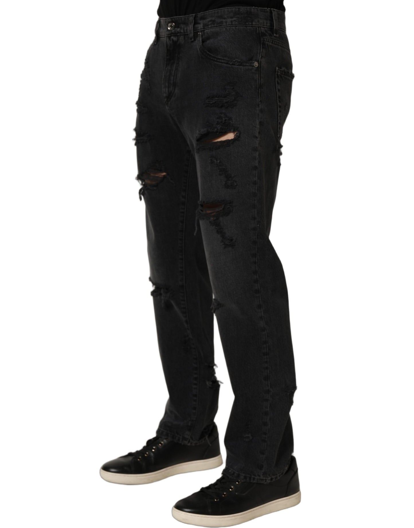 Dark Gray Cotton Ripped Men Denim Jeans
