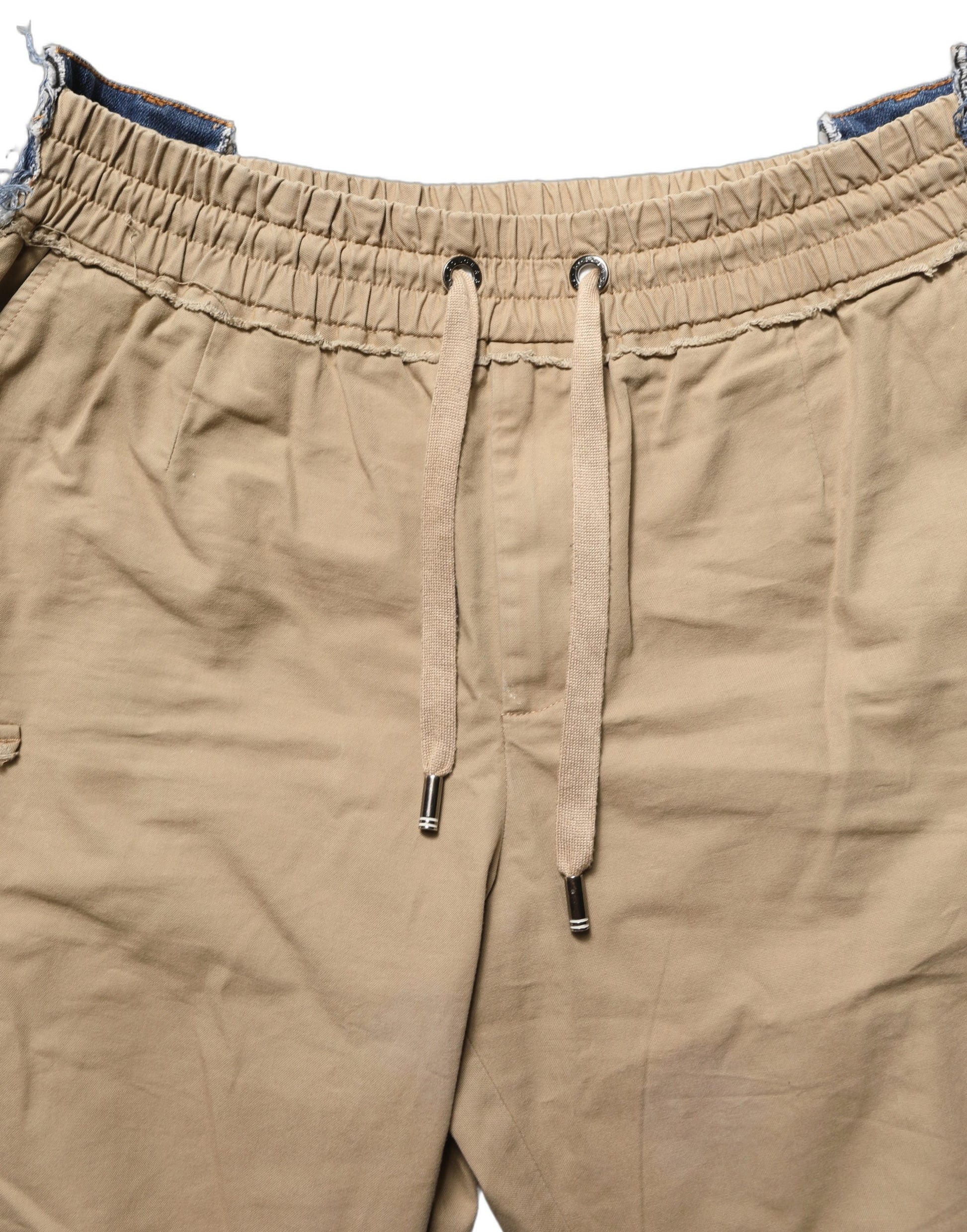 Beige Cotton Cargo Drawstring Trouser Pants